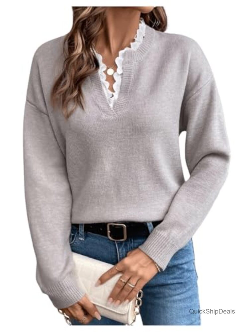 Long Sleeve Lace Trim Notched V Neck Knit Pullover Sweater Women's